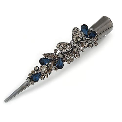 Avalaya Large Dim Grey/Midnight Blue Austrian Crystal Butterfly Hair Beak Clip/Concord Clip in Black Tone - 13cm Length