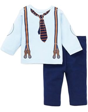 Infant Boys Clothes - Light Blue Knit Suspender Tee and Pant Set