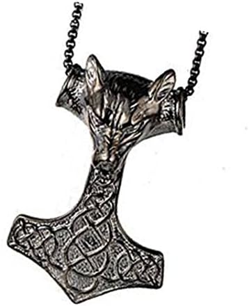 Keybella Biker Mens Stainless Steel Black Wolf Viking Thors Mjolnir Hammer Pendant Necklace, 22 Inch Chain