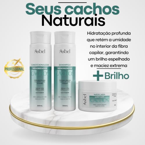 Asbel Kit Cachos Professional Shampoo, Condicionador e Máscara 300ml | Definição Prolongada, Hidratação Intensa com Aloe Vera e Óleo de Abacate, Ativador de Cachos, Antifrizz