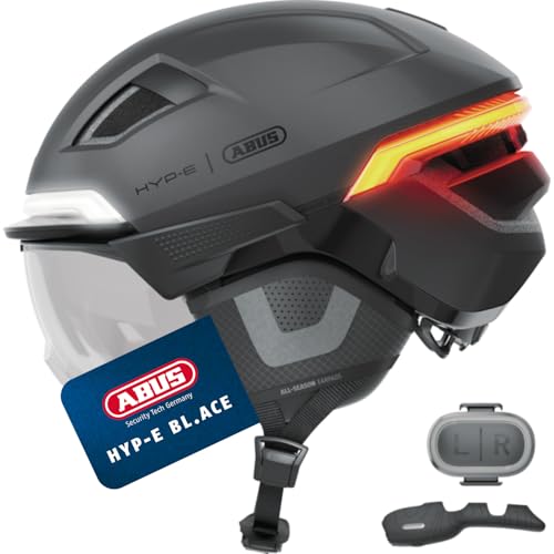 ABUS Fahrradhelm HYP-E BL.ACE - mit Front-, Rück- und Blinklicht sowie kabellos zu aktivierendem Bremslicht - mit Visier (klar) und Ohrenschützern - f