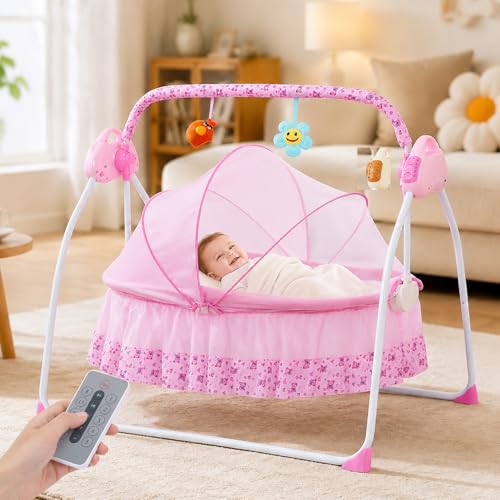Jorunb Electric Baby Swing for Infants,Smart Electric Cradle,Foldable Portable Electric Toddler Rocker,5 Speeds,Bluetooth Support,With Remote Control,Mosquito Net(Red)