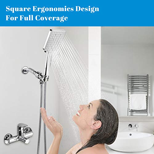 High Pressure Shower Head with Handheld, 6-Setting Square Shower Head, Detachable Shower Head with Adjustable Holder and Stainless hose, Powerful Spray Handheld Shower Heads, 2 Bonus Shower Hooks