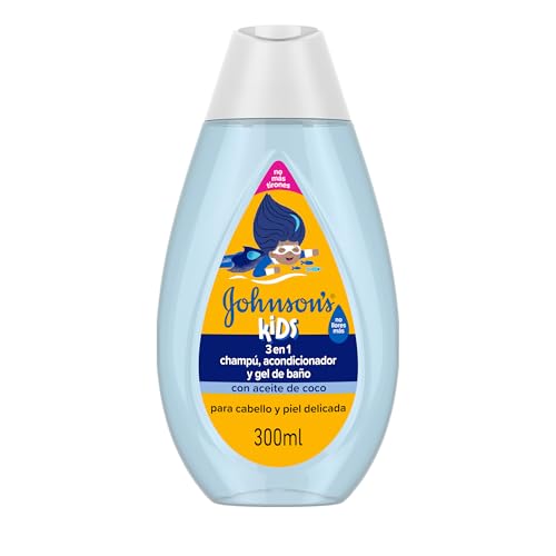 Johnson’s Kids Champú niños, acondicionador pelo y gel de baño 3 en 1 (300 ml), champú con fórmula No Llores Más, enriquecido con aceite de coco, para cabello y piel delicada