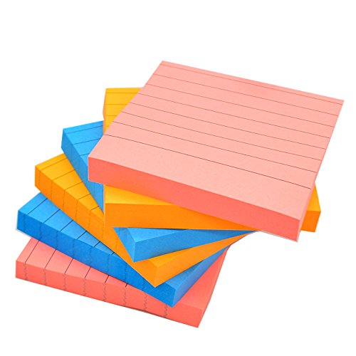 Sticky Notes with Lines 3 inch X 3 inch Assorted Bright Color Lined Self-Stick Notes,100Sheet/Pad 6 Pads/Pack Easy Post Individual Package