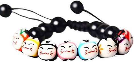 Honta Lucky Cat Bracelet Charm Ceramic Beads Pine Black String Stone Bracelets Adjustable(Black rope)