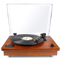 1byone Belt Driven Turntable with Built in Stereo Speaker, Wireless Connection Vintage Style Record Player, Vinyl to MP3 Recording, Natural Wood