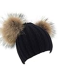 XWDA Women's Knitted Raccoon Fur Double Pom Beanie Hat (Black)