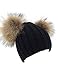 XWDA Women's Knitted Raccoon Fur Double Pom Beanie Hat (Black)
