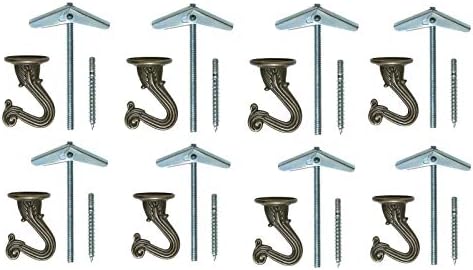 8 Antique Brass Ceiling Hooks Complete Sets 1.5" Heavy Duty 15 lb Capacity Wide Opening Swag Hooks Hanging Plants Decorations - Include All Hardware Premium Quality Taiwan BullDog