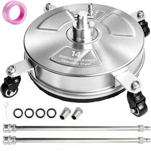 Hourleey 14" Pressure Washer Surface Cleaner, Stainless Steel Surface Cleaner with 4 Wheels for Concrete, Patio, Sidewalk, Deck, Pathway 1/4" Quick Connector, 2 Extension Wand, 4000 PSI