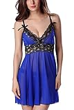 LOVEDATE Women's Sexy Lingerie Lace Babydoll Mesh Chemises Strappy Sleepwear (Medium, Blue)