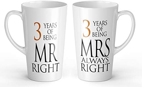 17oz Pair of Mr Right & Mrs Always Right Anniversary (3rd Leather) Novelty Gift Latte Mugs