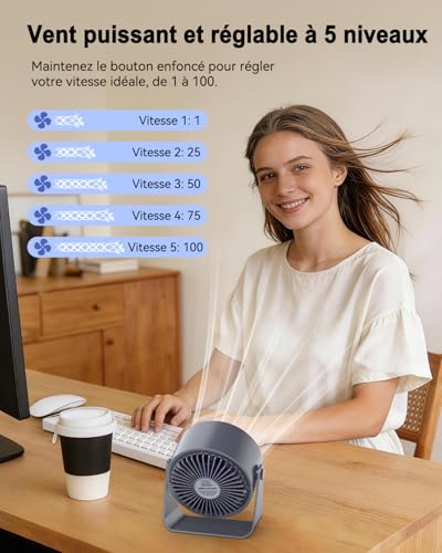 Desk Fan,Silent 1-100 Speed Portable Fan,Mini LED Screen Table Fan,360° Rotation,2400mAh Rechargeable Small USB Fan for Bedroom Home Kitchen Office