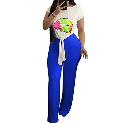 Desirepath Women Two Piece Outfits Sets Tie Knot Front Short Sleeve Printed Top Long Pants Sets Blue