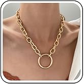 Sttiafay Gold Chunky Choker Necklace - Large Thick Circle Pendant Necklace With Open Hollow Circle Design and Paperclip Chain