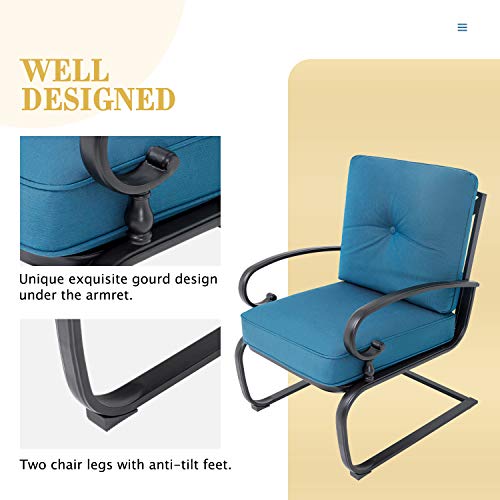 Oakmont Outdoor Bistro Set 3-Piece Spring Metal Lounge Cushioned Chairs and Bistro Table Set Wrought Iron Cafe Furniture Seat,Peacock Blue