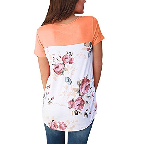 Alixyz Women Short Sleeve Cross Bandage T-Shirt Flower Printed Blouse Tunic Tops (M, Orange)