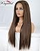 K'ryssma Brown Lace Front Wigs with Highlights Long Silk Straight Synthetic Wig for Black Women Heat Resistant 22 Inches