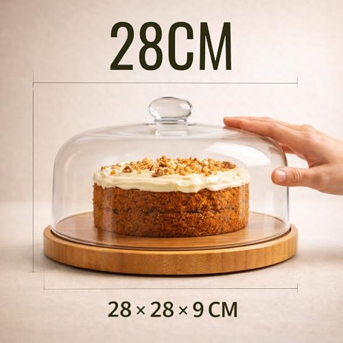 Porta Bolo com Tampa Acrílica 28cm, Boleira de Bambu Redonda | Porta Torta e Doces, Cúpula Transparente