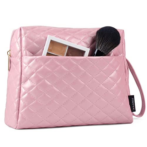 MAANGE Travel Makeup Bag, Roomy Cosmetic Bag PU Leather Waterproof Make Up bag with Handle Small Toiletry Bag Makeup Organizer for Accessories, Cosmetics, Pink