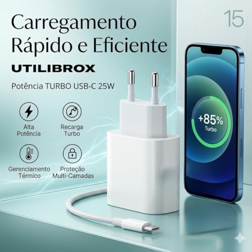 Carregador Turbo 25w Linha Premium Com Entrada Tipo C, Hight Quality, Branco com Cabo Reforçado Compativel com todos Smartphones C/C - Fonte Anti Curto, Homologado UTBRX
