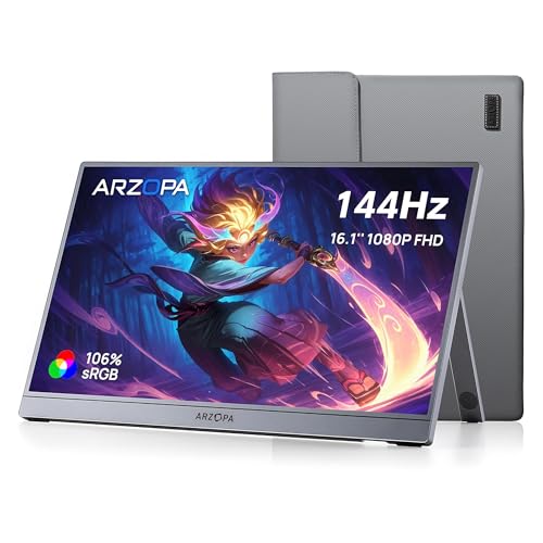 ARZOPA 16.1 Inch 144Hz Portable Monitor with Storage Bag, 106% sRGB FHD 1080P 144Hz Gaming Monitor, Ultra Slim - Eye Protection, External Second Screens for Laptop/PC/Mac/PS5/Xbox - Z1FC Grey