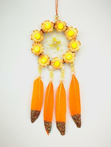 Mini Dream Catcher For Car Rear View Mirror Accessories Handmade Orange Floral Sparkly Weave Web And Glitter Feathers Boho Chic Ornaments Wedding Bedroom Nursery Teepee Wall Decor