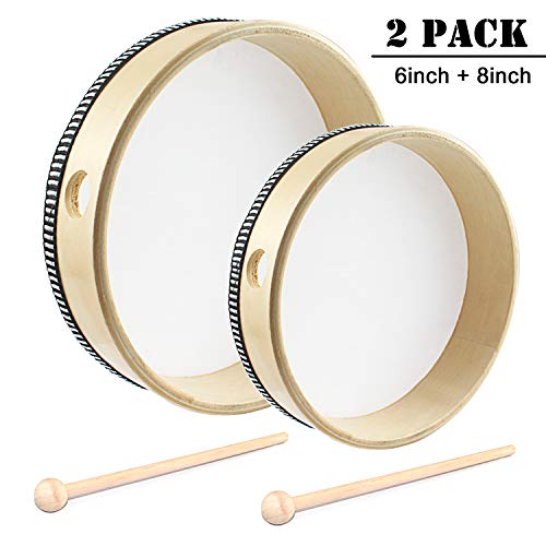 WeiMeet 2 Pieces Hand Drum 6 Inches and 8 Inches Wood Frame Drum Percussion with Drum Sticks