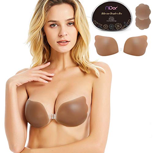 Niidor Adhesive Silicone Bra, Brown Color Strapless Backless Sticky Boobs Invisible Push-up Wing-Shaped Bra for Women(C-Cup)