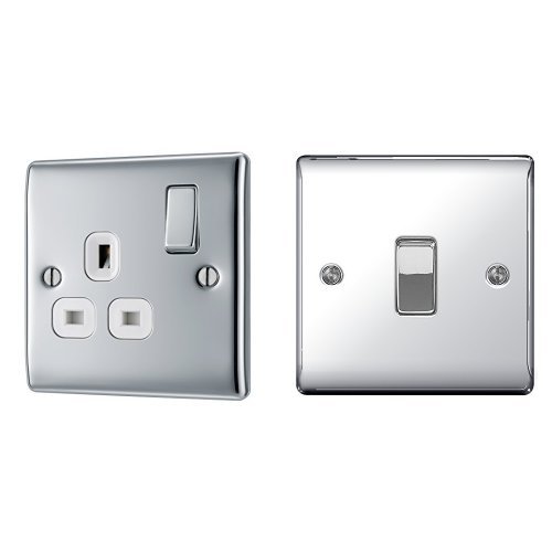 BG Electrical NPC21W Electrical 1-Gang Metal Electric Socket, Polished Chrome + masterplug BG Electrical Electrical NPC12 Nexus Metal Polished Chrome 1 Gang 2 Way 10 A Plate Switch