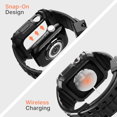 Fullmosa Compatible with Apple Watch Band 44mm 45mm Rugged TPU with Bumper Case and Screen Protector, Compatible with Apple Watch SE3/2/1 Series 9/8/7/6/5/4.45mm Black