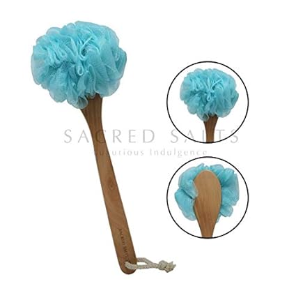 Sacred Salts Bath Brush With Wooden Handle | Luxury Soft Loofah Sponge Brush | Back Scubber Shower Brush With Long Handle With Rope For Men & Women, Blue, 20 g