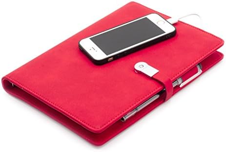 A5 Portfolio Padfolio Leather Notebook Journal Business Planner Hardcover Notepad,Refillable Thick Paper with 8G Flash Drive,Built-in Charger for Iphone &amp; Android,Red