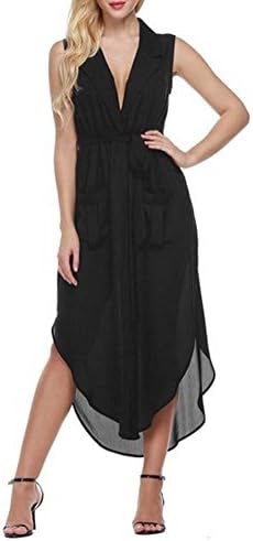 POGT Women Drawstring Waist Sleeveless Shirt Dress (XL, Black)