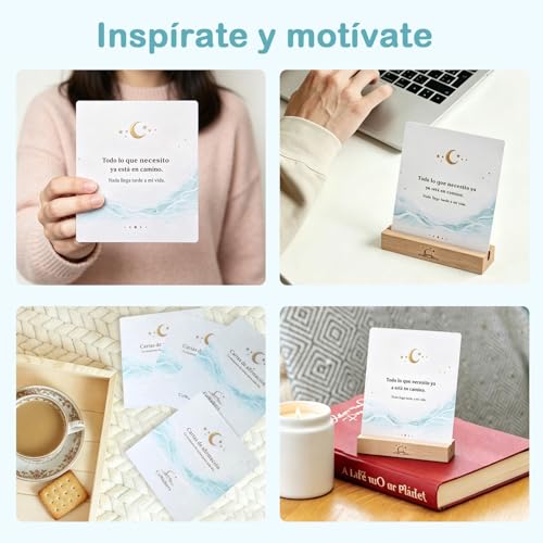 Cartas de Afirmación Positiva y Mindfulness, 52 Tarjetas con Expositor de Madera, Frases de Gratitud y Calma para el Estrés, Ritual Diario de Autocuidado, Regalo para Mujer y Hombre (Azul turquesa)