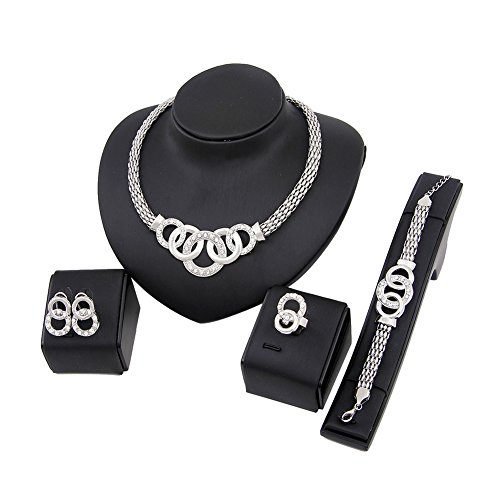 Spiritlele 4 PCS Crystal Jewelry Set Silver Chain Necklace Bracelet Ring Earrings Pack For Women (silver circle) - Thumbnail 2