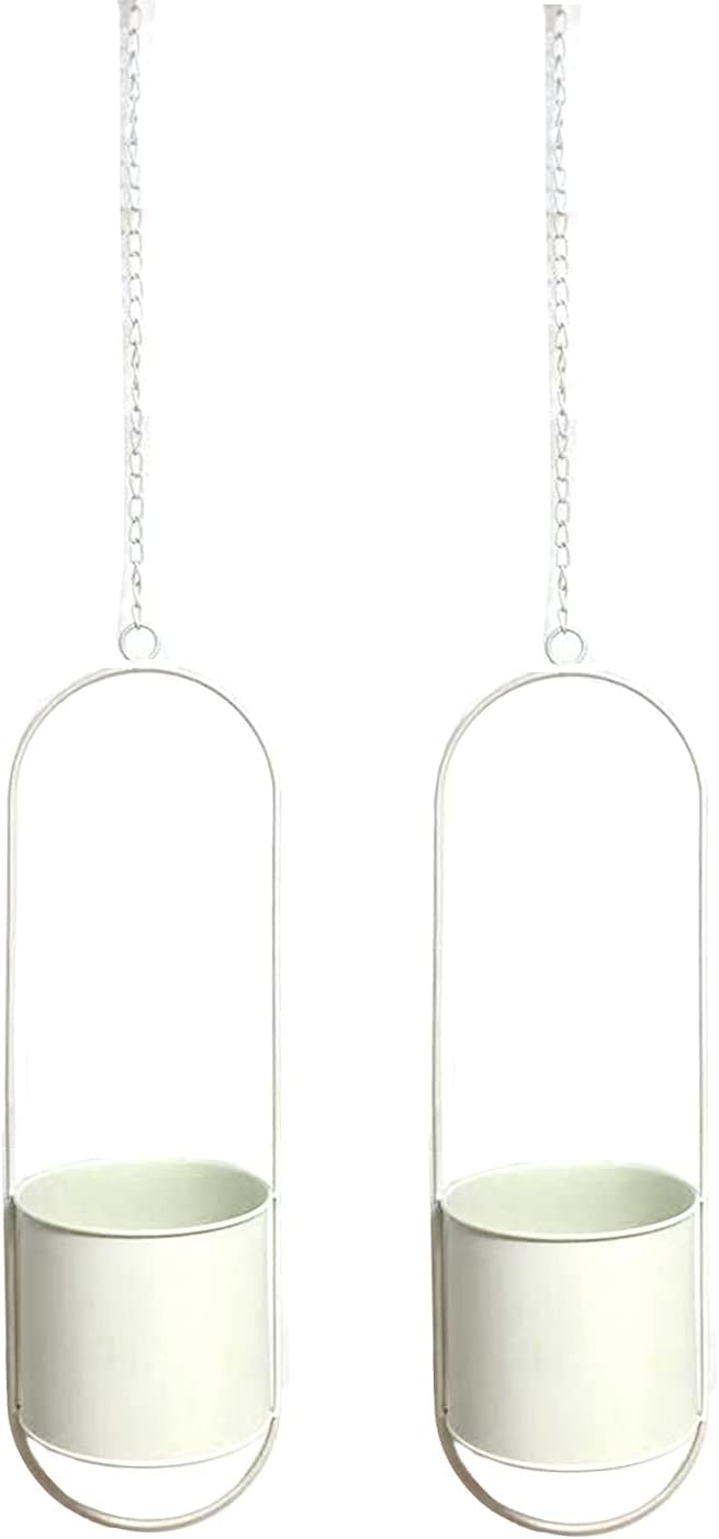 Geevon 2 Pcs Metal Hanging Planters for Indoor and Outdoor Plants with Hooks, Modern Wall and Ceiling Planters, Minimalist Flower Pot Holder for Home Decor (White)
