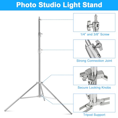Gluckluz Stainless Steel Light Stand 280cm Heavy Duty Photo Studio Light Stand Height Adjustable Lighting Tripod Holder with 1/4" to 3/8" Universal Adapter for Home Photography Studio Softbox (Silver)