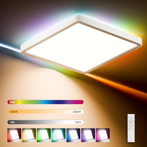 LQWELL® LED Deckenleuchte Dimmbar mit Fernbedienung, 24W 2500LM 3000-6500K RGB LED Deckenlampe, Quadrat Flache Deckenbeleuchtung IP44 für Wohnzimmer S