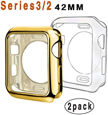 ISENXI Compatible with Apple Watch Case 42mm, 2 Pack Soft TPU Ultra-Slim Lightweight Bumper Scratch Resistant Protective Cover Case Compatible with Apple iWatch Series 3 2 (2Pack(Clear+Gold))