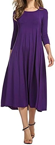 Women's Casual 3/4 Sleeves Pockets Party Elegant Fit Flare Midi Swing T Shirt Dress X-Large Purple
