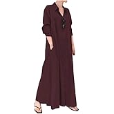 Ladyful Women's Button Down Cotton Linen Shirt Dress Long Sleeve Maxi Shirtdress Beach Summer Dress Pockets