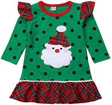 Christmas Kids Baby Girls Santa Claus Ruffle Sleeve Black Dot Print Plaid Dresses