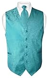 Men's Paisley Design Dress Vest & NeckTie TURQUOISE AQUA BLUE Color Neck Tie Set