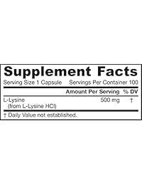 Jarrow Formulas L-Lysine Caps, Essential Amino Acid for Protein Metabolism, 100 Count,