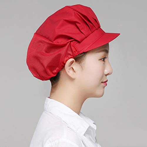 Flameer 2Pcs Red Half Mesh Chef Waiter Cap Restaurant Kitchen Workshop Hair Net Cooling Reusable Bouffant Adjustable Food Service Hair Hat Protective