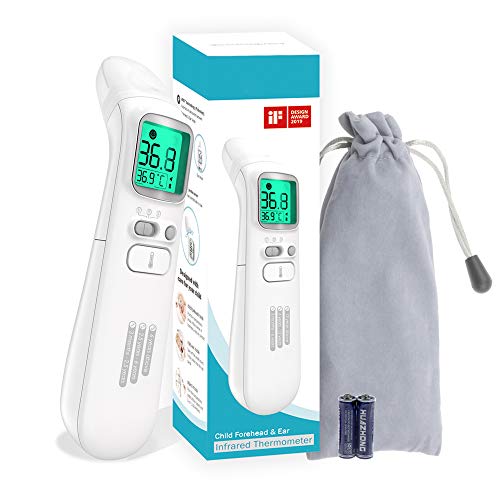 【2019 New Version】Forehead Thermometer for Fever with Ear Function - Instant Accurate Reading with Fever Alarm, 40 Sets of Memory, Forehead Thermometer for Kids and Adult, Pouch and Batteries Included