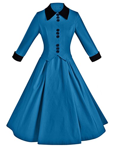 GownTown Women's 1950s Vintage 3/4 Sleeve Rockabilly Swing Dress,Blue,Small