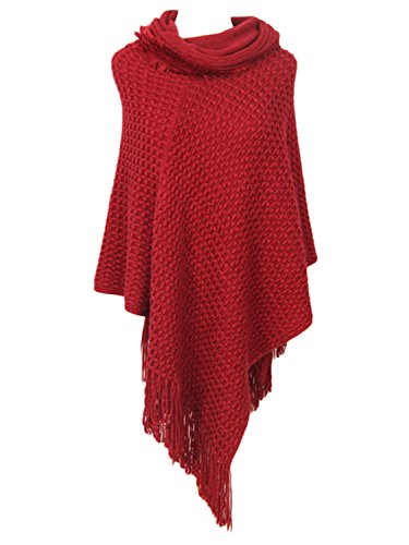 PERSUN Womens Cowl Neck Asymmetric Hem Tassel Knit Hooded Poncho,Red03